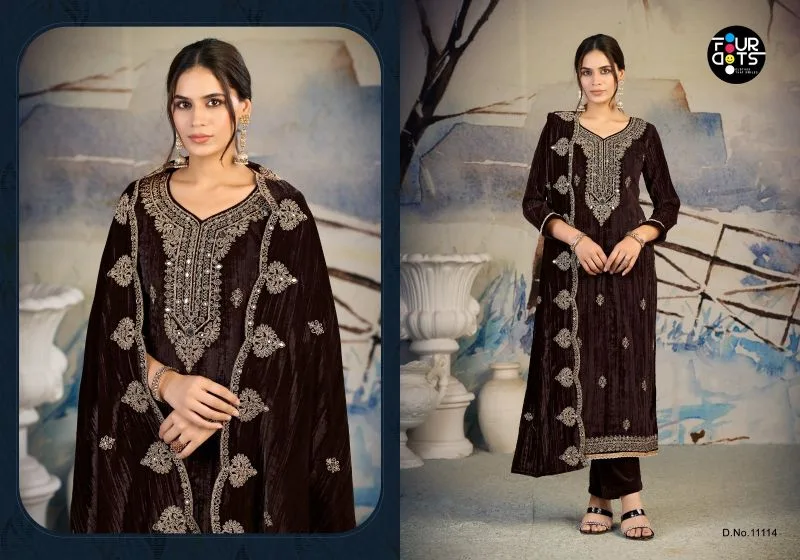 Roza By Fourdots Crush Velvet Cording And Mirror Work Dress Material 